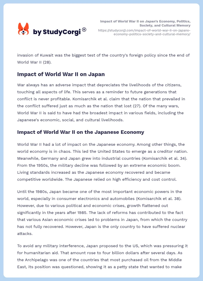 Impact of World War II on Japan’s Economy, Politics, Society, and Cultural Memory. Page 2