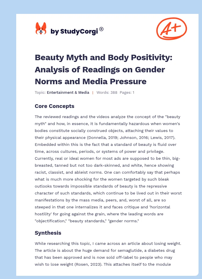 Beauty Myth and Body Positivity: Analysis of Readings on Gender Norms and Media Pressure. Page 1