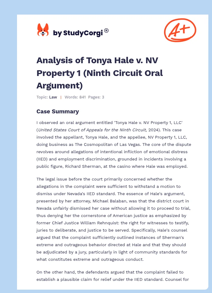 Analysis of Tonya Hale v. NV Property 1 (Ninth Circuit Oral Argument). Page 1