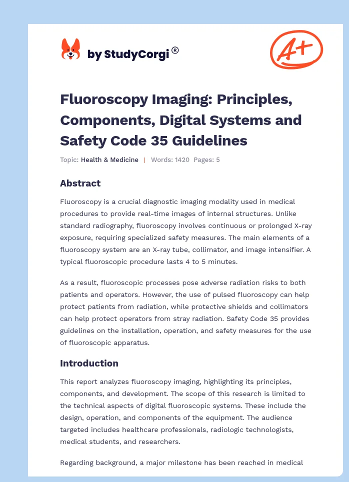 Fluoroscopy Imaging: Principles, Components, Digital Systems and Safety Code 35 Guidelines. Page 1