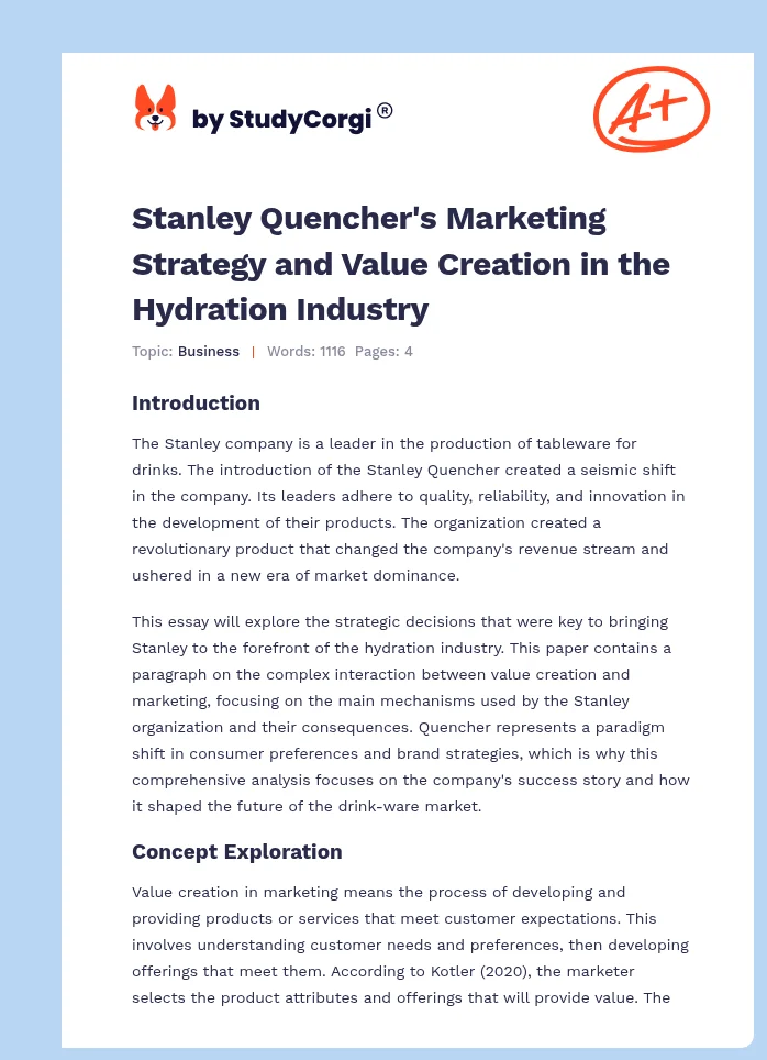 Stanley Quencher's Marketing Strategy and Value Creation in the Hydration Industry. Page 1