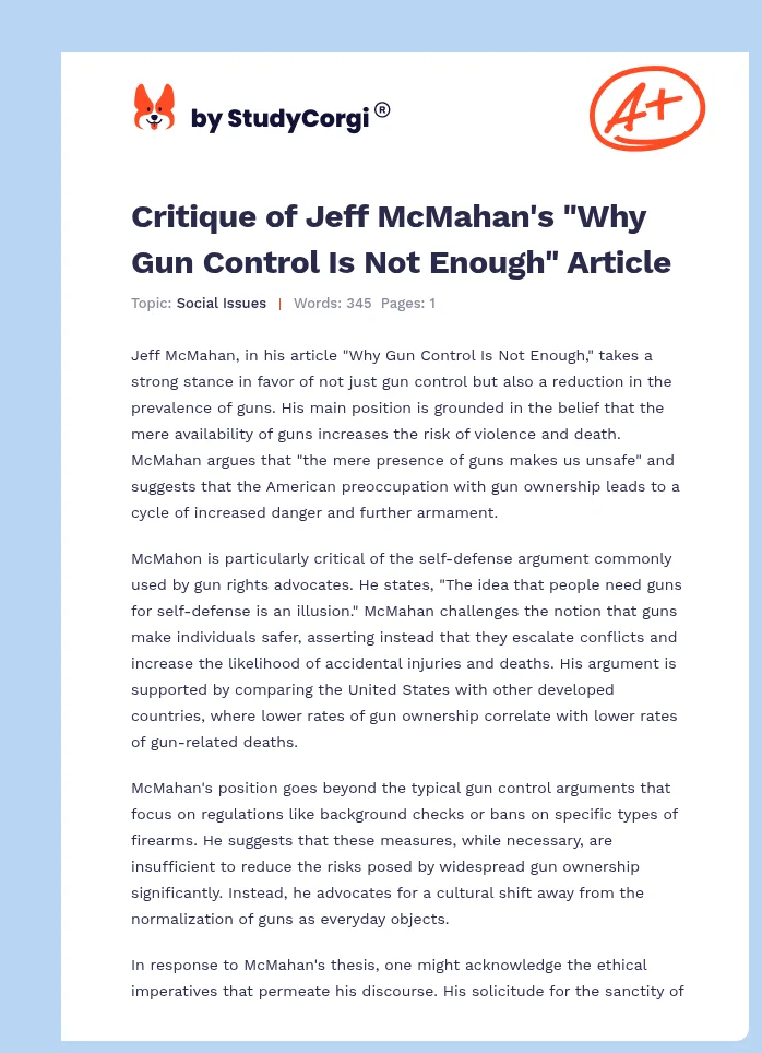 Critique of Jeff McMahan's "Why Gun Control Is Not Enough" Article. Page 1