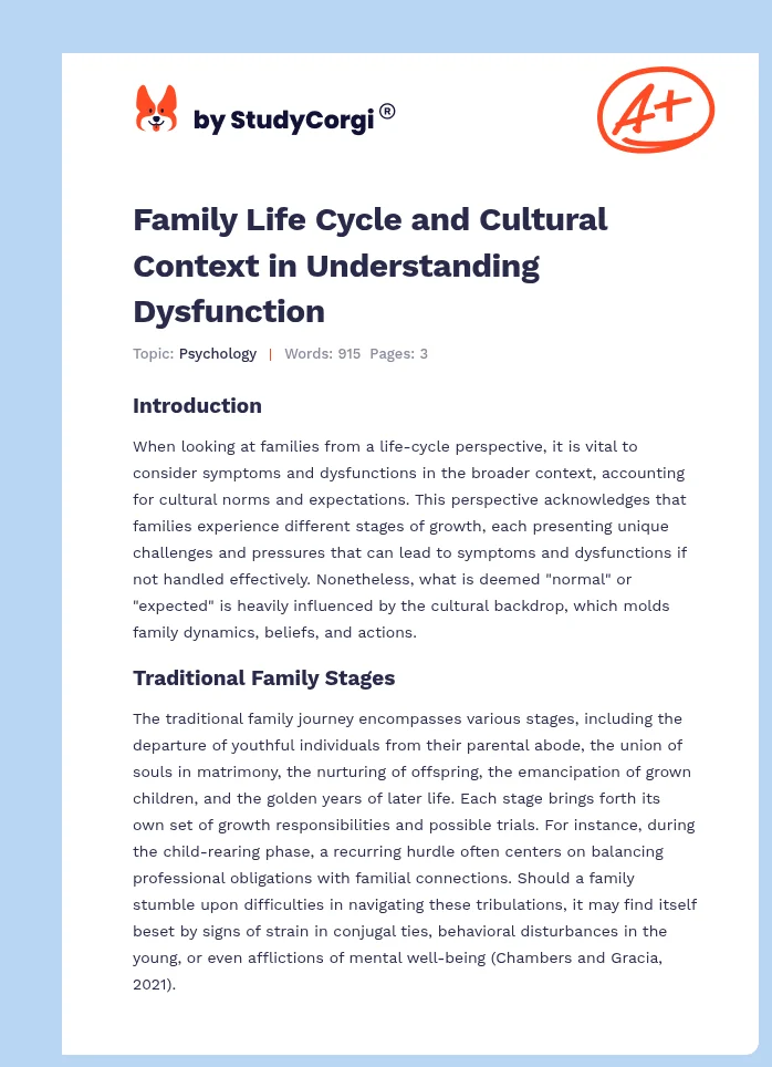Family Life Cycle and Cultural Context in Understanding Dysfunction. Page 1