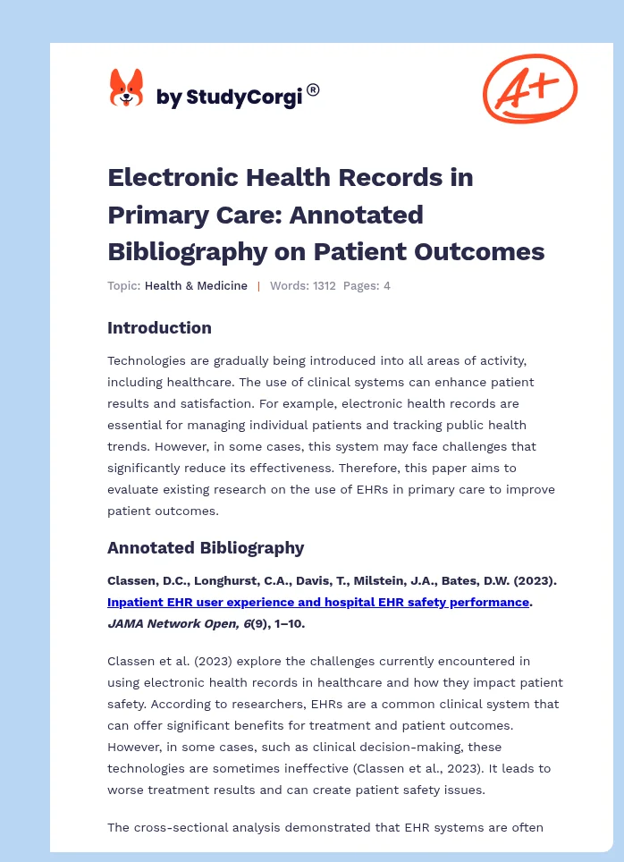 Electronic Health Records in Primary Care: Annotated Bibliography on Patient Outcomes. Page 1