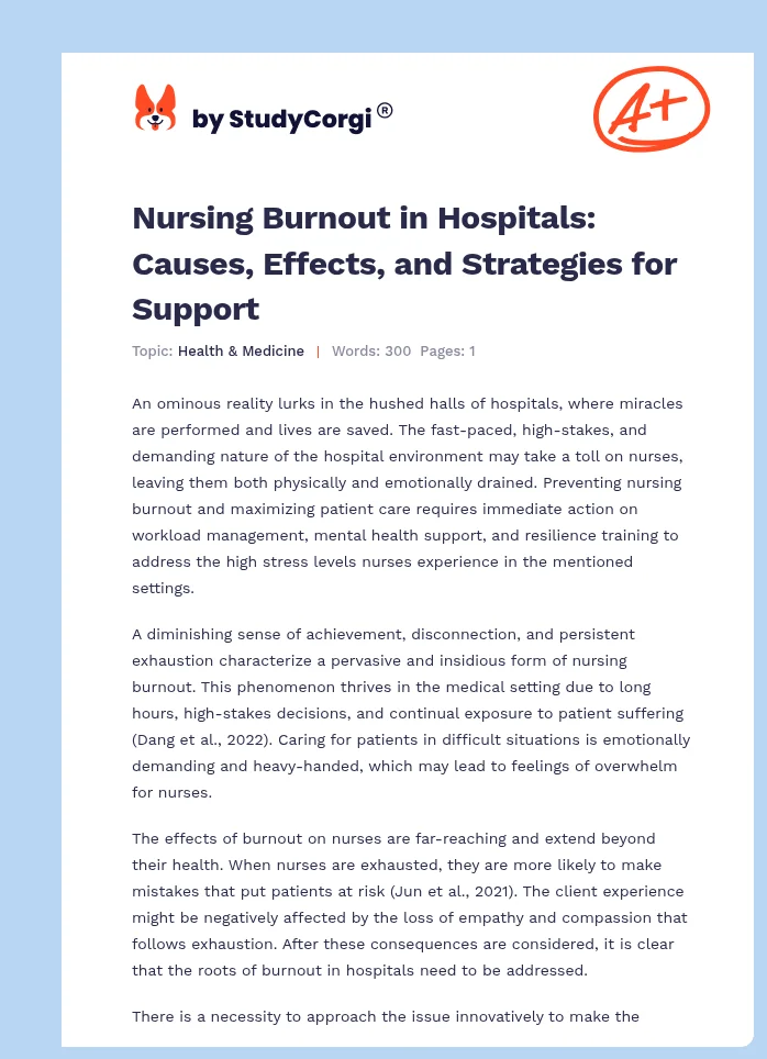 Nursing Burnout in Hospitals: Causes, Effects, and Strategies for Support. Page 1