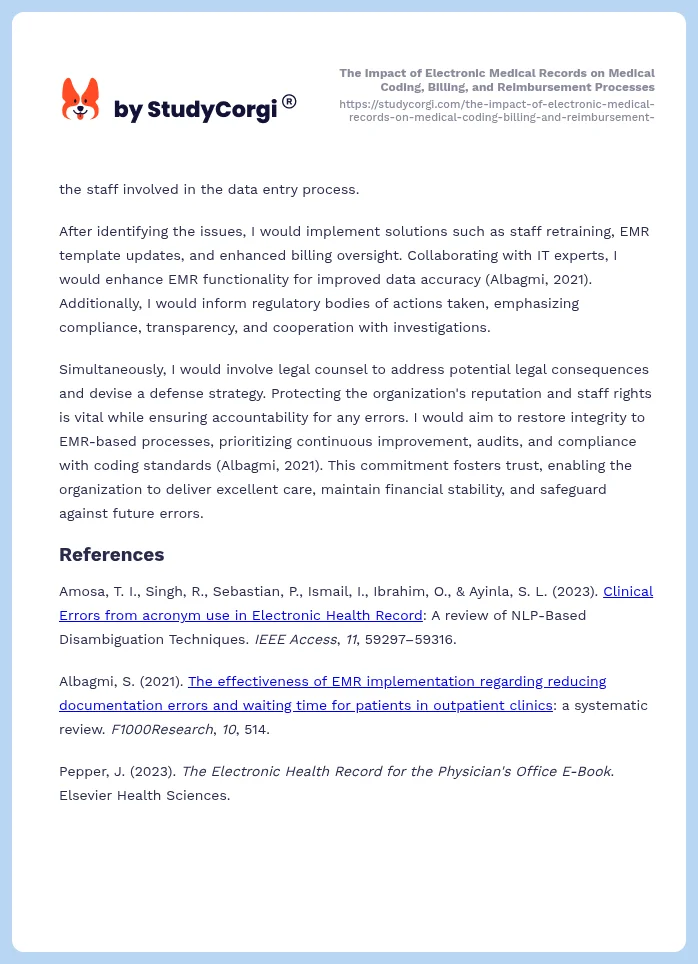 The Impact of Electronic Medical Records on Medical Coding, Billing, and Reimbursement Processes. Page 2