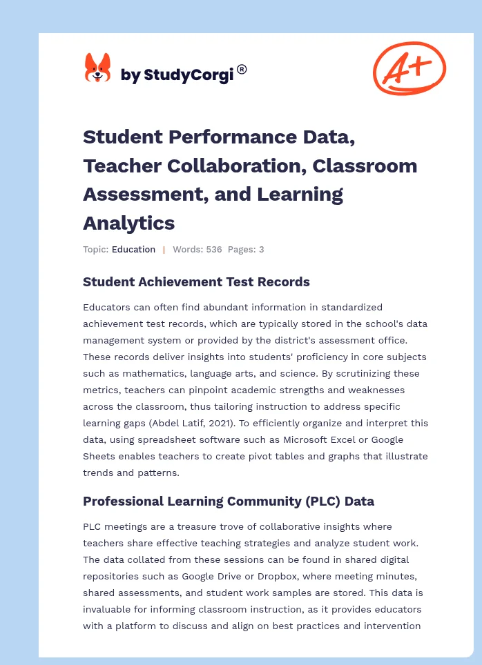 Student Performance Data, Teacher Collaboration, Classroom Assessment, and Learning Analytics. Page 1