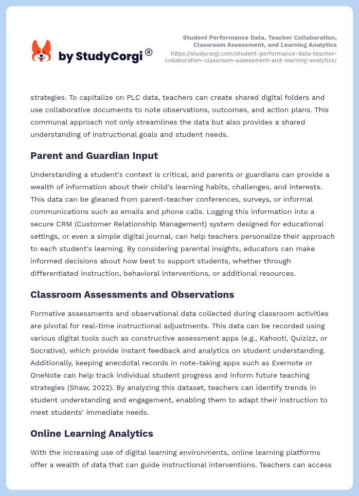 Student Performance Data, Teacher Collaboration, Classroom Assessment, and Learning Analytics. Page 2