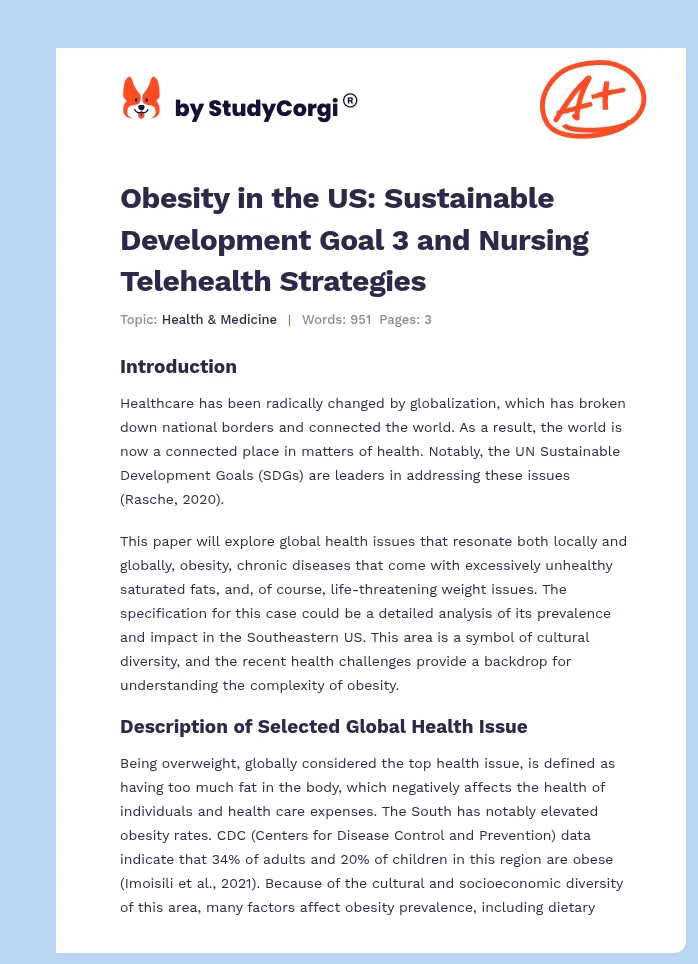 Obesity in the US: Sustainable Development Goal 3 and Nursing Telehealth Strategies. Page 1