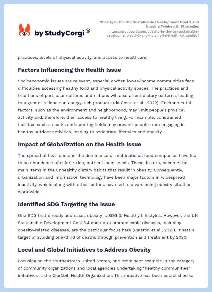 Obesity in the US: Sustainable Development Goal 3 and Nursing Telehealth Strategies. Page 2