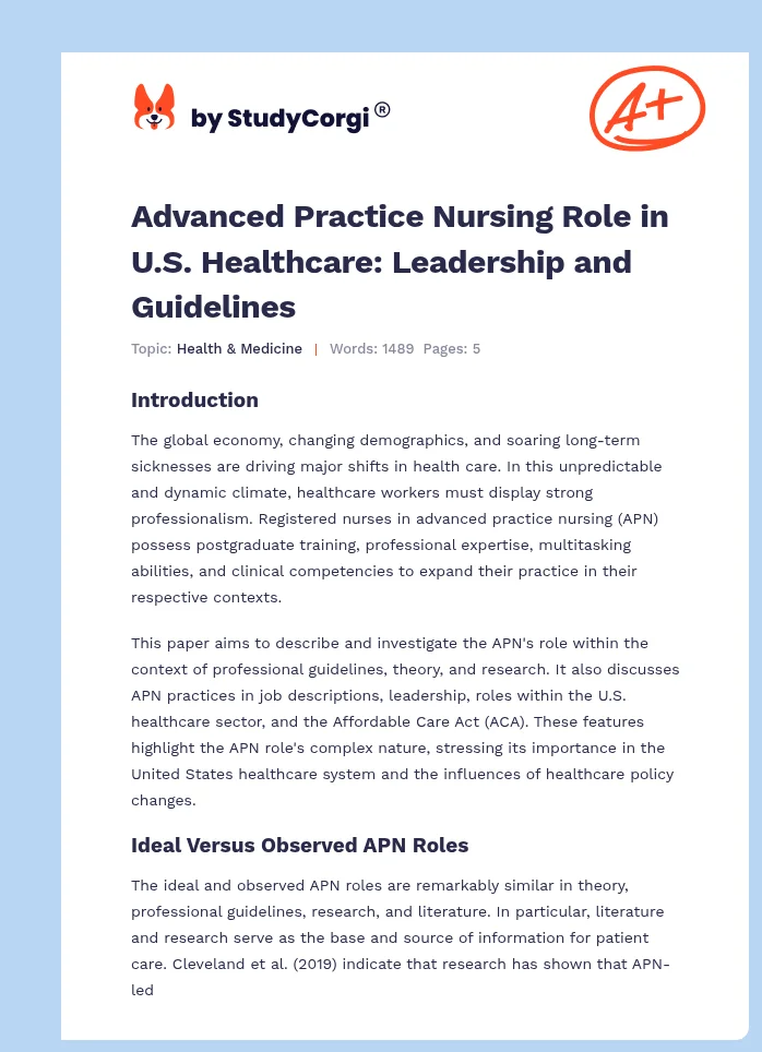 Advanced Practice Nursing Role in U.S. Healthcare: Leadership and Guidelines. Page 1