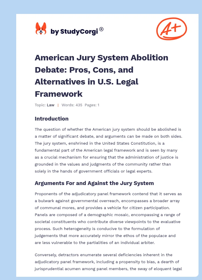 American Jury System Abolition Debate: Pros, Cons, and Alternatives in U.S. Legal Framework. Page 1