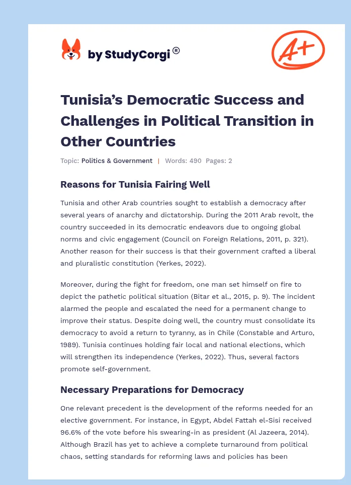 Tunisia’s Democratic Success and Challenges in Political Transition in Other Countries. Page 1