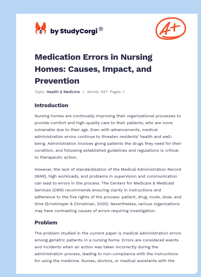 Medication Errors in Nursing Homes: Causes, Impact, and Prevention. Page 1