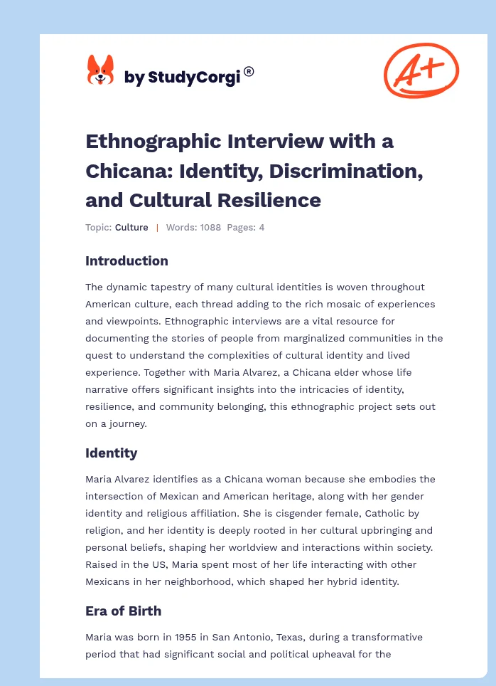 Ethnographic Interview with a Chicana: Identity, Discrimination, and Cultural Resilience. Page 1