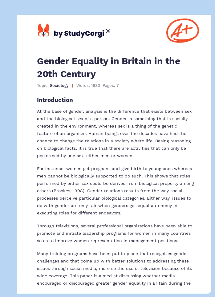 Gender Equality in Britain in the 20th Century. Page 1