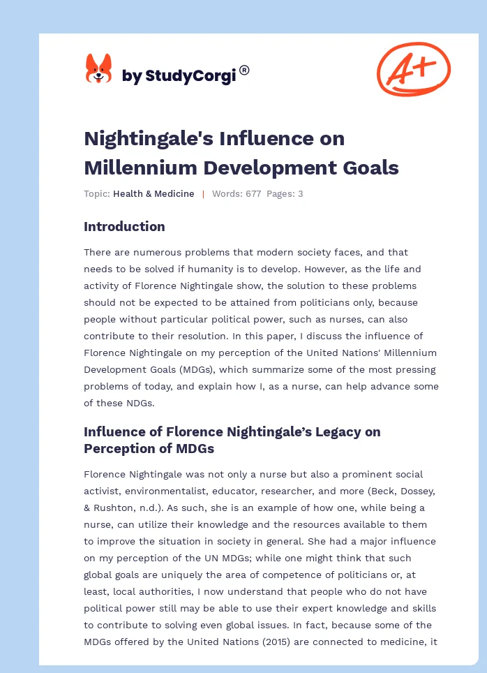 Nightingale's Influence on Millennium Development Goals. Page 1