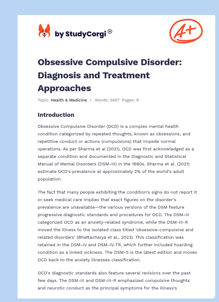 Obsessive Compulsive Disorder: Diagnosis and Treatment Approaches. Page 1