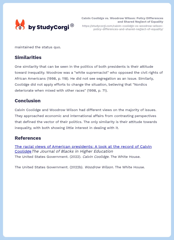 Calvin Coolidge vs. Woodrow Wilson: Policy Differences and Shared Neglect of Equality. Page 2