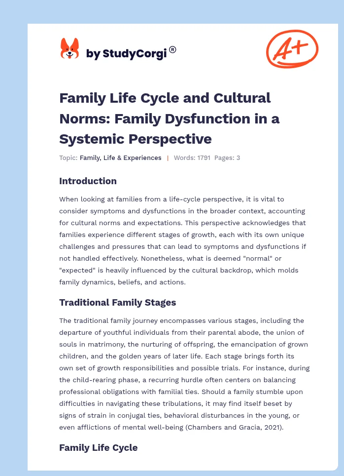Family Life Cycle and Cultural Norms: Family Dysfunction in a Systemic Perspective. Page 1