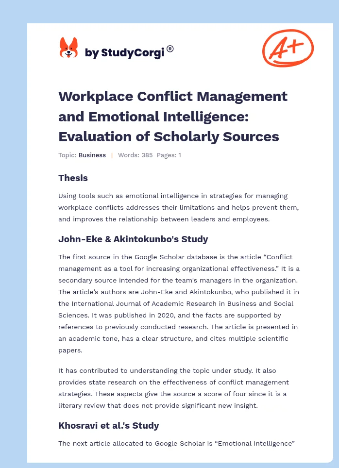 Workplace Conflict Management and Emotional Intelligence: Evaluation of Scholarly Sources. Page 1
