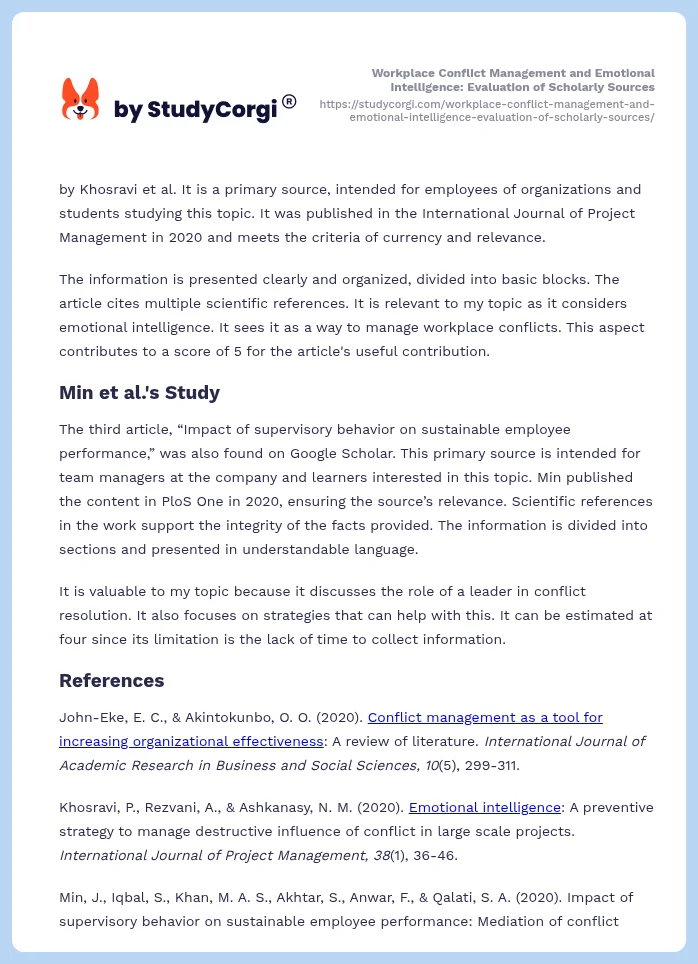 Workplace Conflict Management and Emotional Intelligence: Evaluation of Scholarly Sources. Page 2