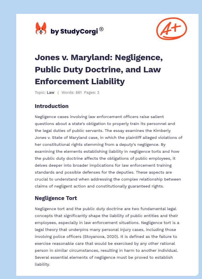 Jones v. Maryland: Negligence, Public Duty Doctrine, and Law Enforcement Liability. Page 1