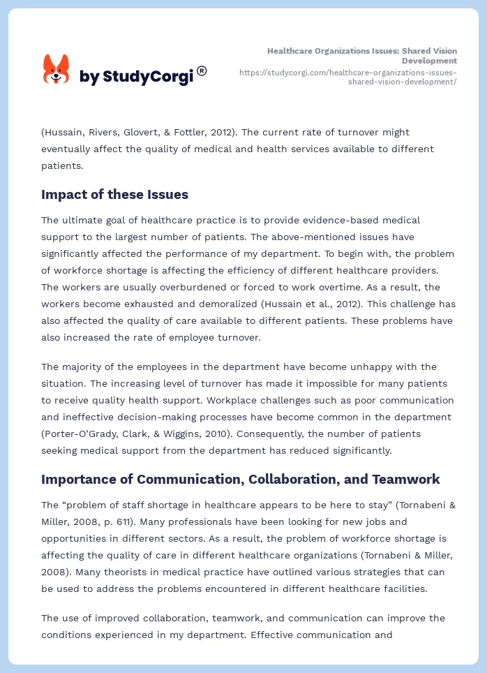 Healthcare Organizations Issues: Shared Vision Development. Page 2