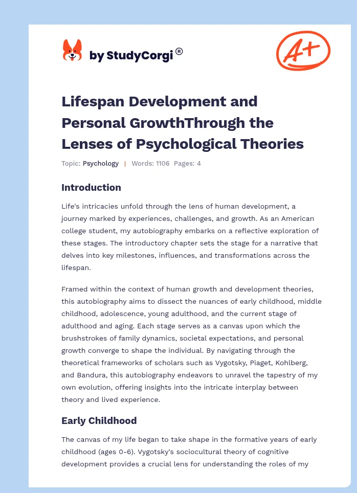Lifespan Development and Personal GrowthThrough the Lenses of Psychological Theories. Page 1