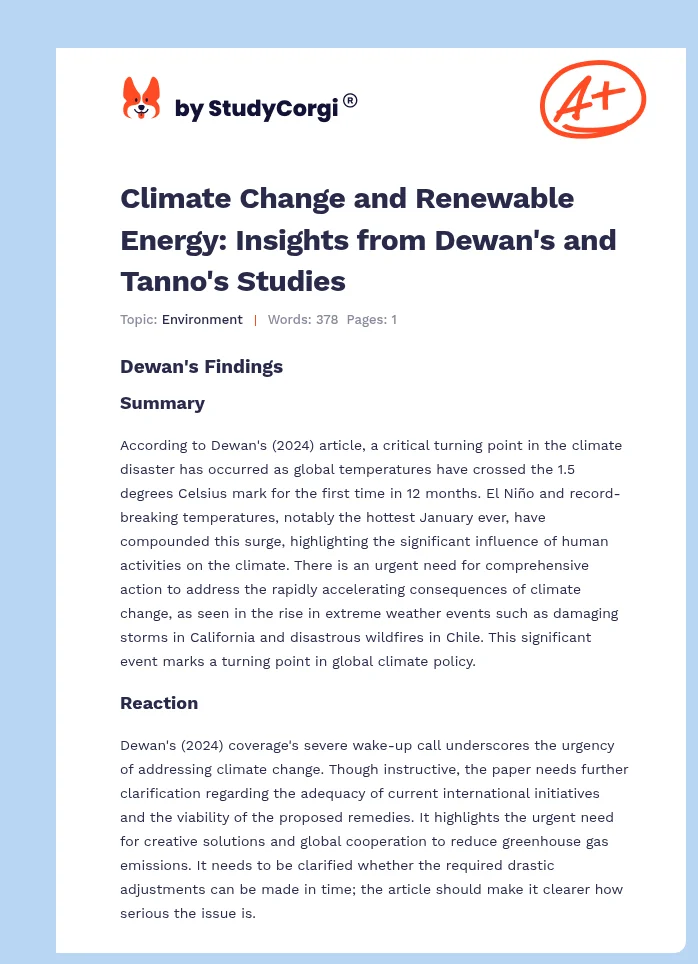 Climate Change and Renewable Energy: Insights from Dewan's and Tanno's Studies. Page 1