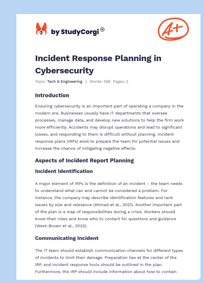 Incident Response Planning in Cybersecurity. Page 1
