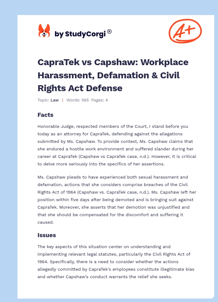 CapraTek vs Capshaw: Workplace Harassment, Defamation & Civil Rights Act Defense. Page 1