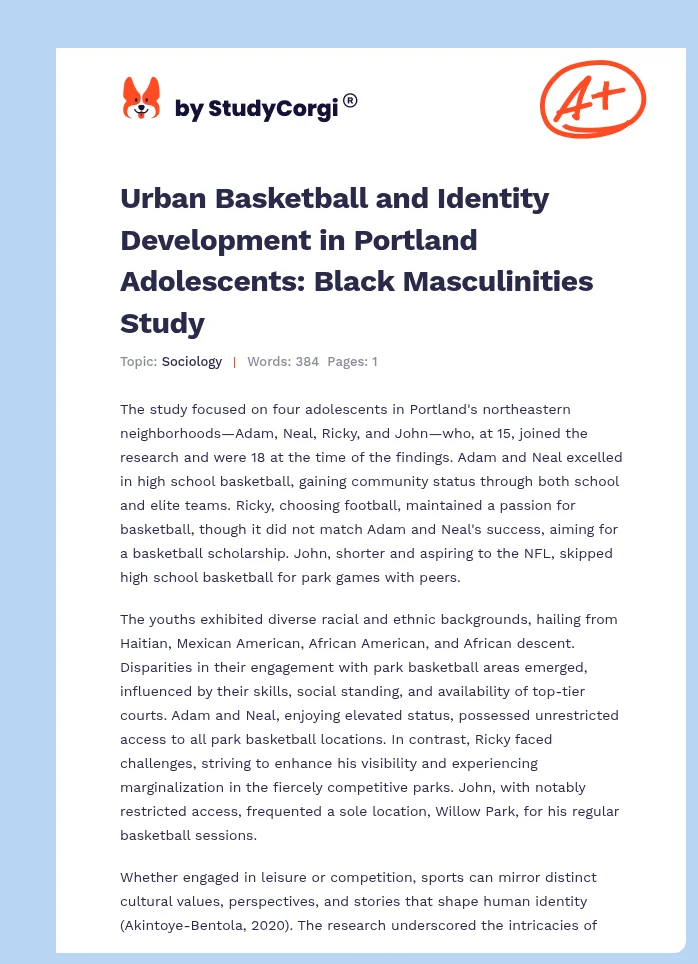 Urban Basketball and Identity Development in Portland Adolescents: Black Masculinities Study. Page 1