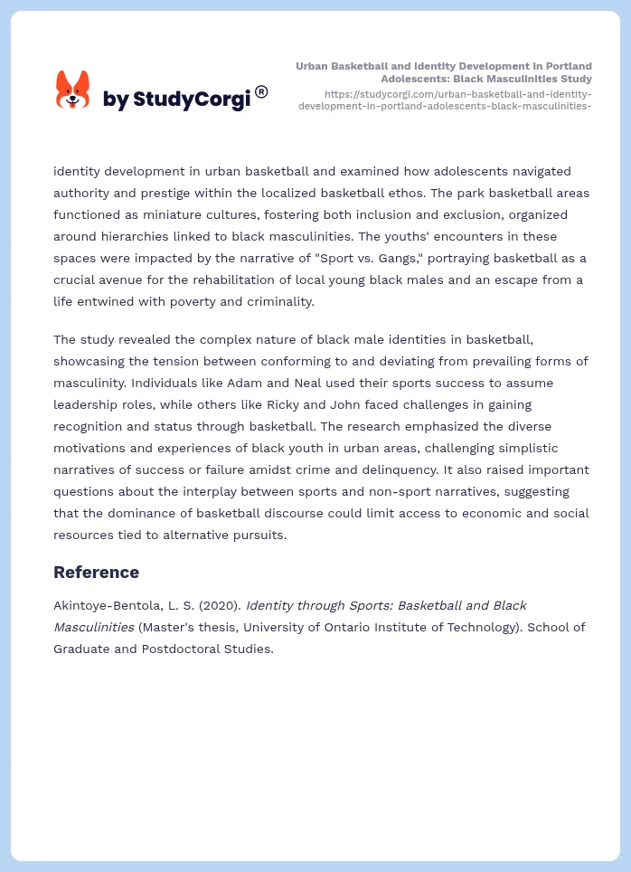 Urban Basketball and Identity Development in Portland Adolescents: Black Masculinities Study. Page 2
