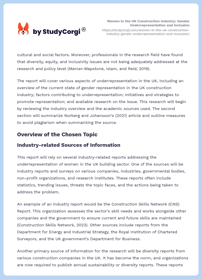 Women in the UK Construction Industry: Gender Underrepresentation and Inclusion. Page 2
