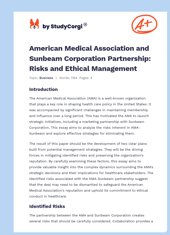 American Medical Association and Sunbeam Corporation Partnership: Risks and Ethical Management. Page 1