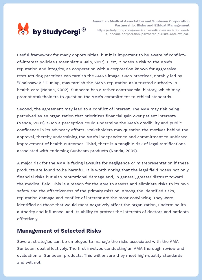 American Medical Association and Sunbeam Corporation Partnership: Risks and Ethical Management. Page 2