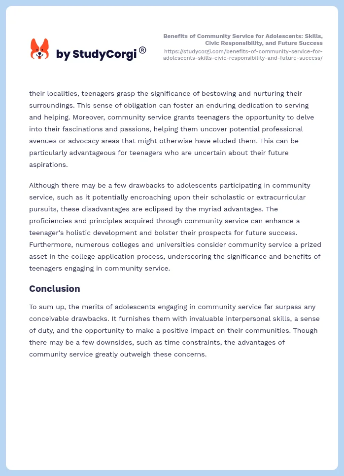 Benefits of Community Service for Adolescents: Skills, Civic Responsibility, and Future Success. Page 2