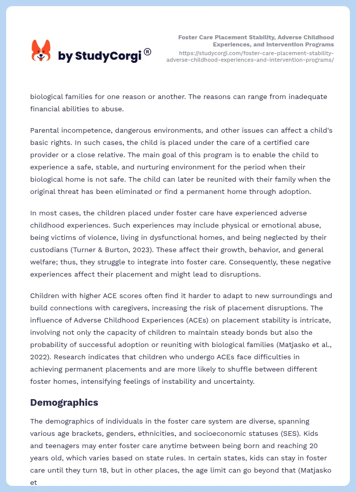 Foster Care Placement Stability, Adverse Childhood Experiences, and Intervention Programs. Page 2