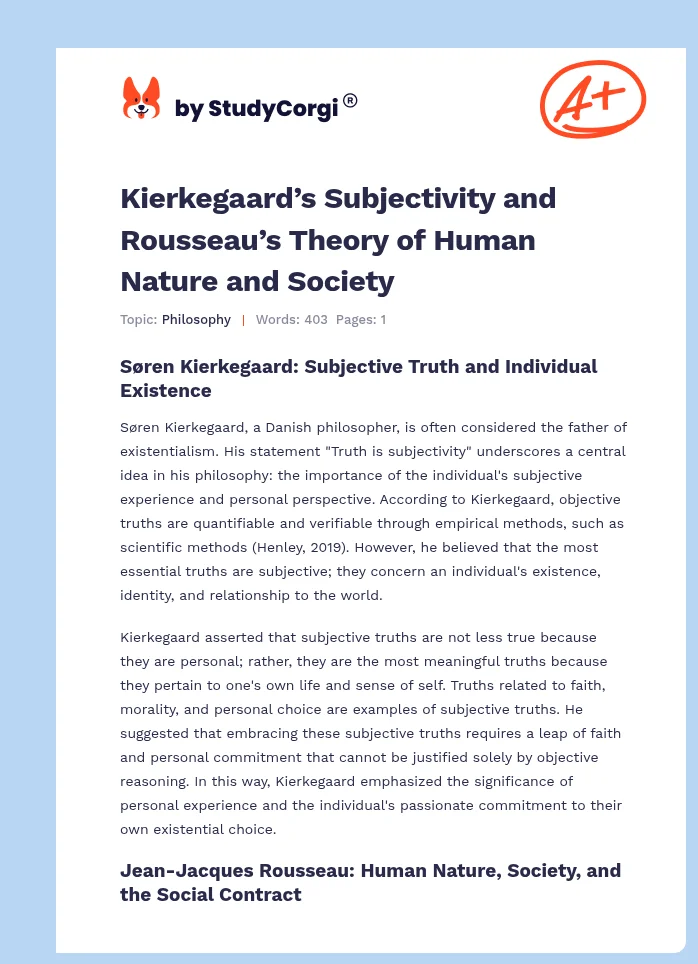 Kierkegaard’s Subjectivity and Rousseau’s Theory of Human Nature and Society. Page 1