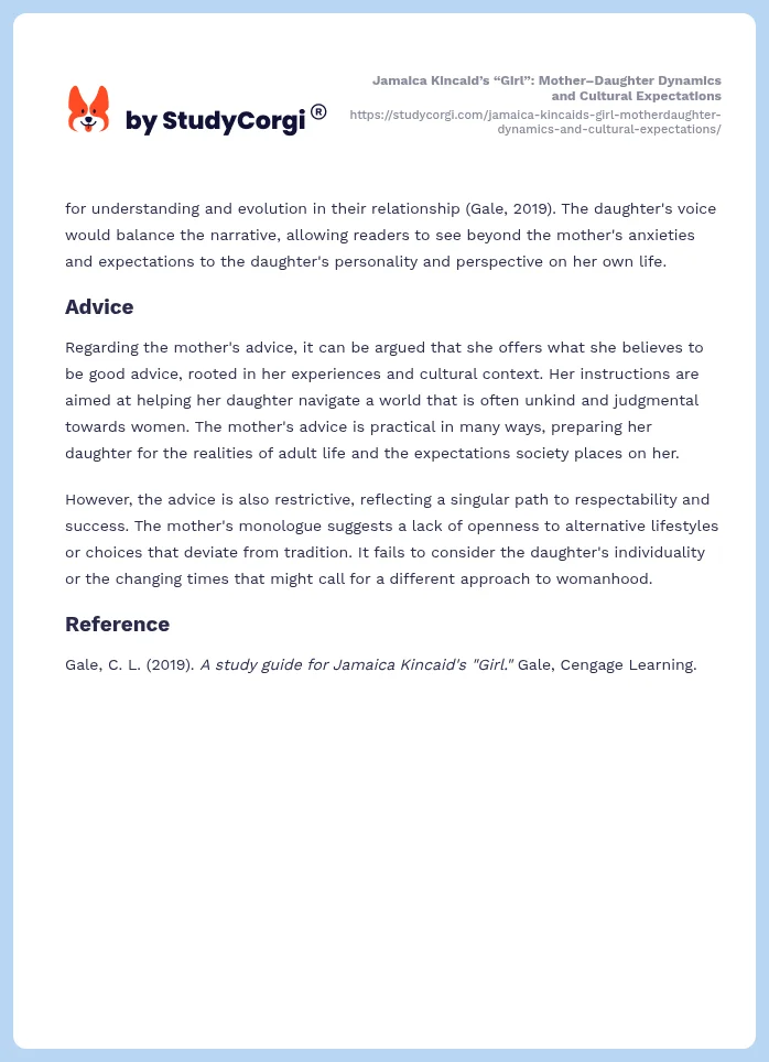 Jamaica Kincaid’s “Girl”: Mother–Daughter Dynamics and Cultural Expectations. Page 2