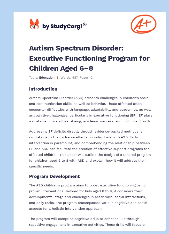 Autism Spectrum Disorder: Executive Functioning Program for Children Aged 6–8. Page 1