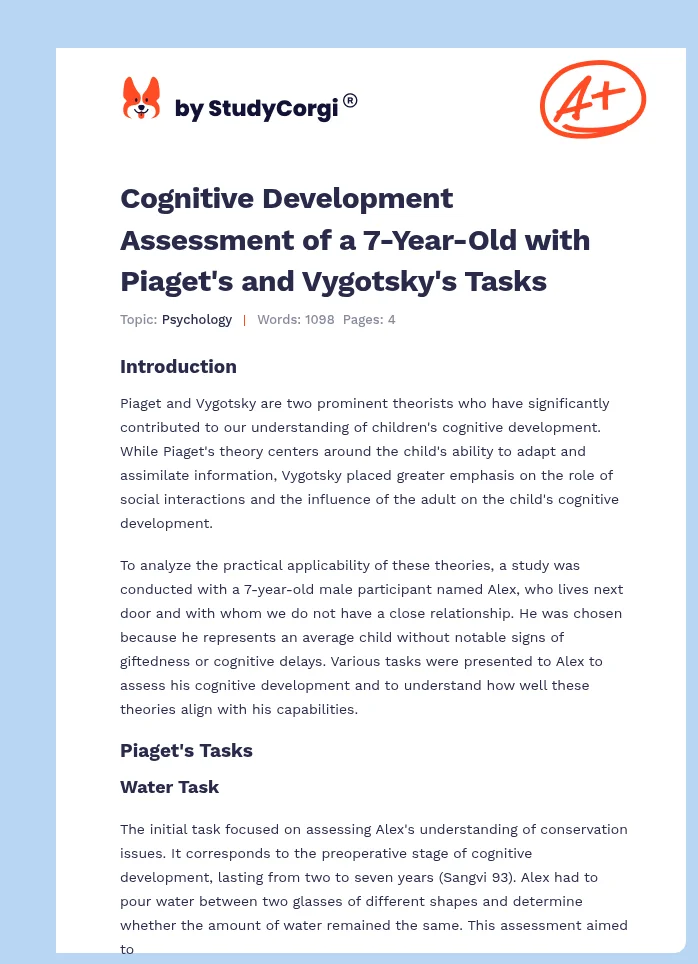 Cognitive Development Assessment of a 7-Year-Old with Piaget's and Vygotsky's Tasks. Page 1