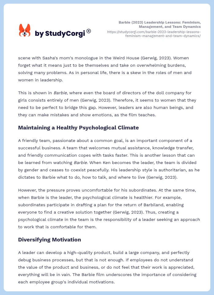 Barbie (2023) Leadership Lessons: Feminism, Management, and Team Dynamics. Page 2