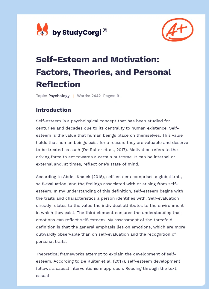 Self-Esteem and Motivation: Factors, Theories, and Personal Reflection. Page 1