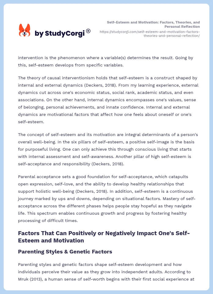 Self-Esteem and Motivation: Factors, Theories, and Personal Reflection. Page 2