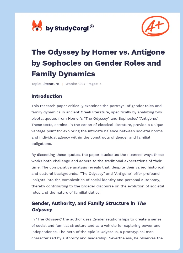 The Odyssey by Homer vs. Antigone by Sophocles on Gender Roles and Family Dynamics. Page 1