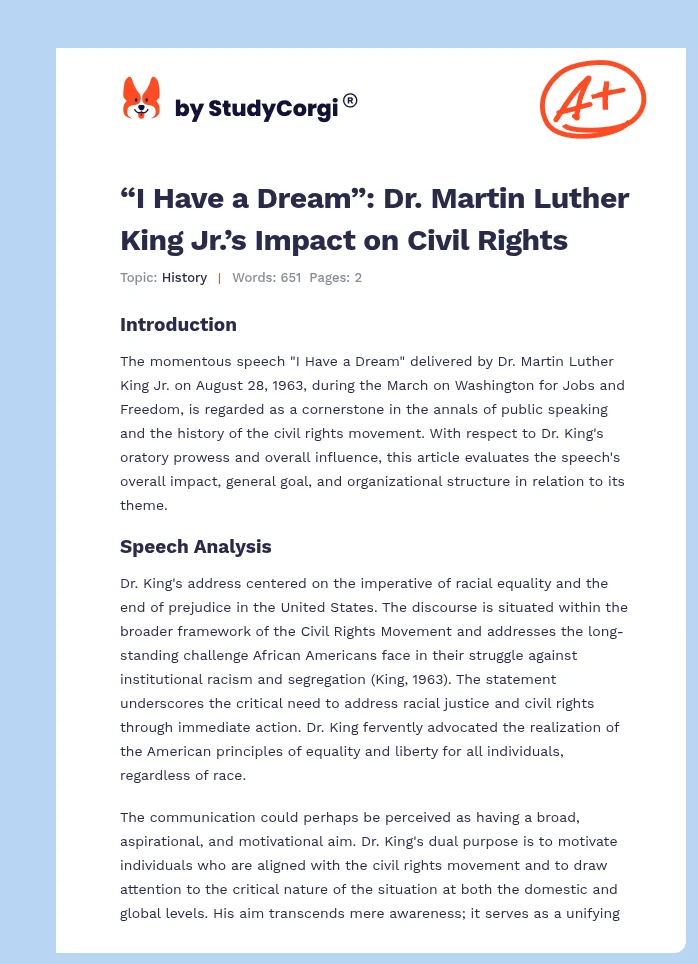“I Have a Dream”: Dr. Martin Luther King Jr.’s Impact on Civil Rights. Page 1