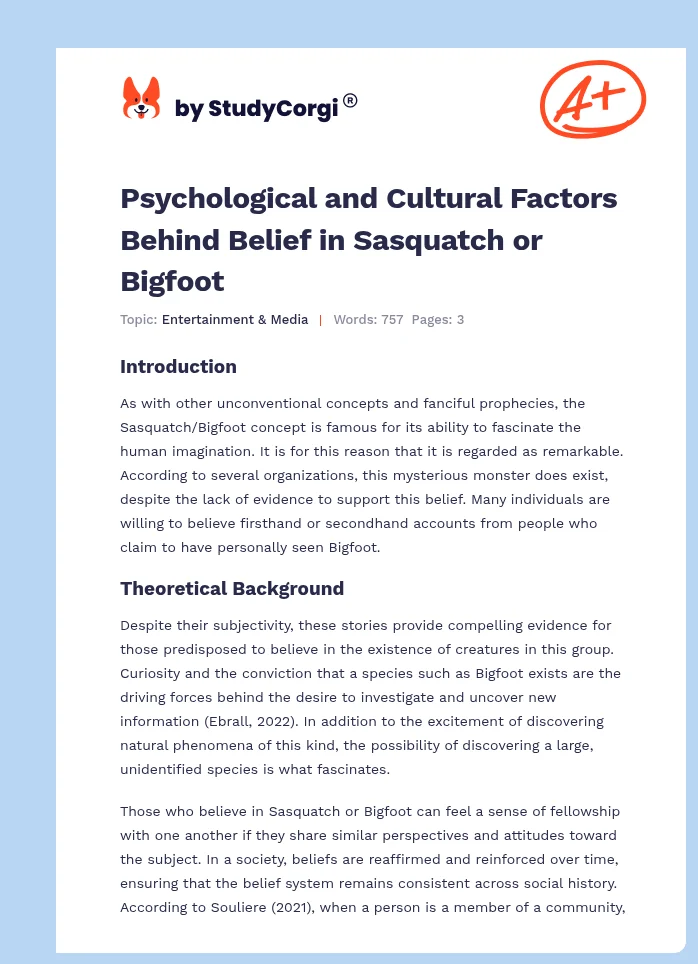 Psychological and Cultural Factors Behind Belief in Sasquatch or Bigfoot. Page 1