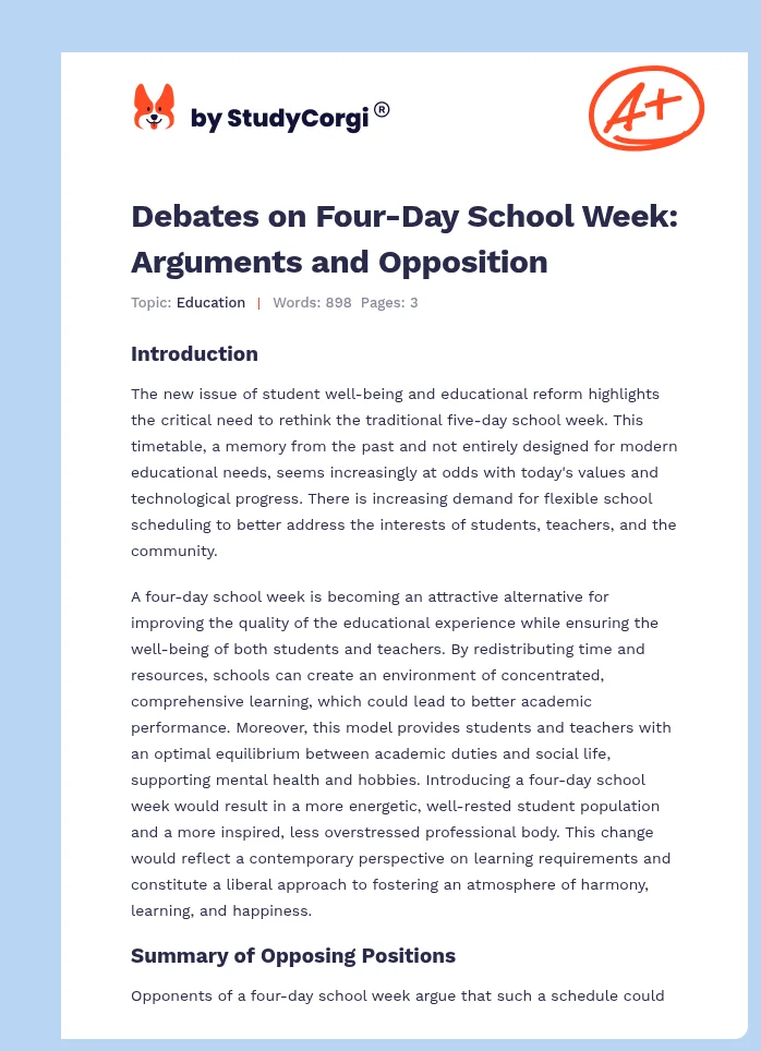 Debates on Four-Day School Week: Arguments and Opposition. Page 1